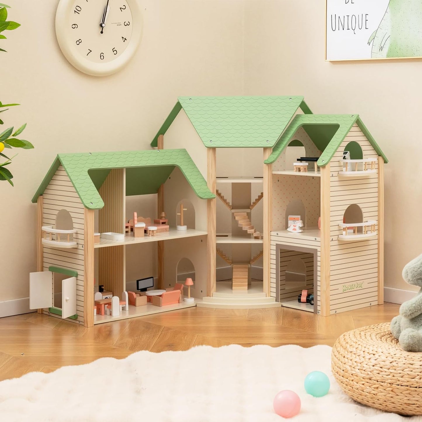 Montessori Puppenhaus aus Holz – Erweiterbare Spielvilla mit 3 Häusern & Möbeln