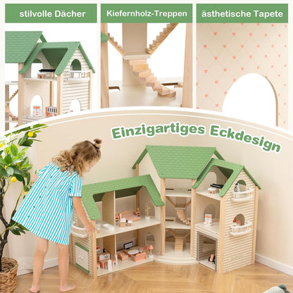 Montessori Puppenhaus aus Holz – Erweiterbare Spielvilla mit 3 Häusern & Möbeln