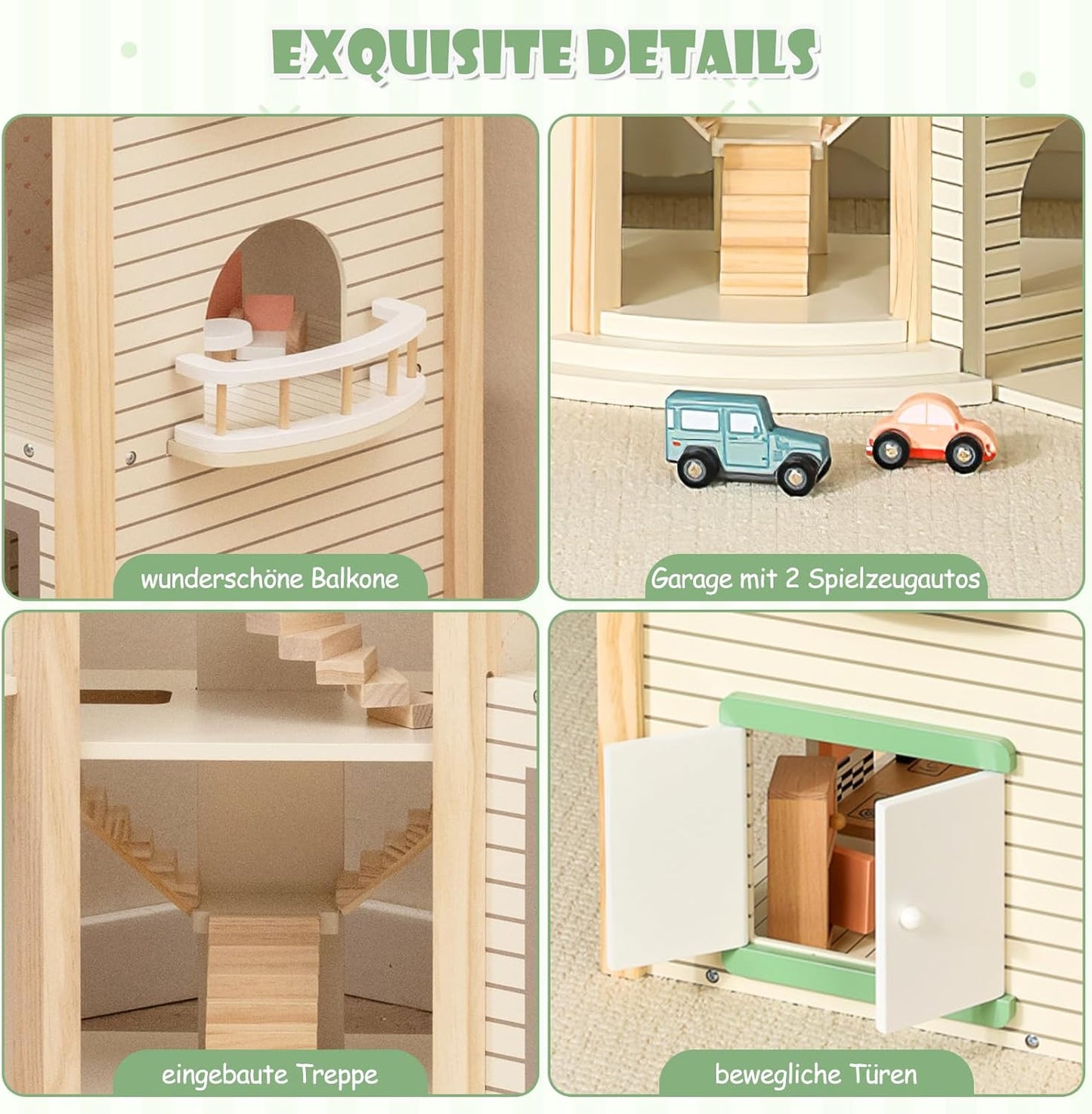 Montessori Puppenhaus aus Holz – Erweiterbare Spielvilla mit 3 Häusern & Möbeln