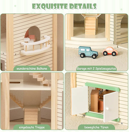 Montessori Puppenhaus aus Holz – Erweiterbare Spielvilla mit 3 Häusern & Möbeln