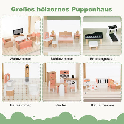 Montessori Puppenhaus aus Holz – Erweiterbare Spielvilla mit 3 Häusern & Möbeln