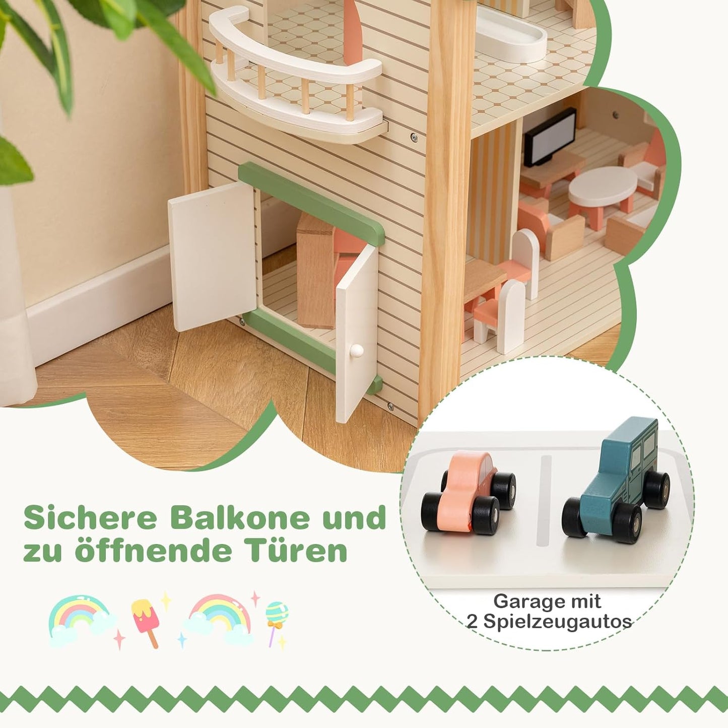Montessori Puppenhaus aus Holz – Erweiterbare Spielvilla mit 3 Häusern & Möbeln