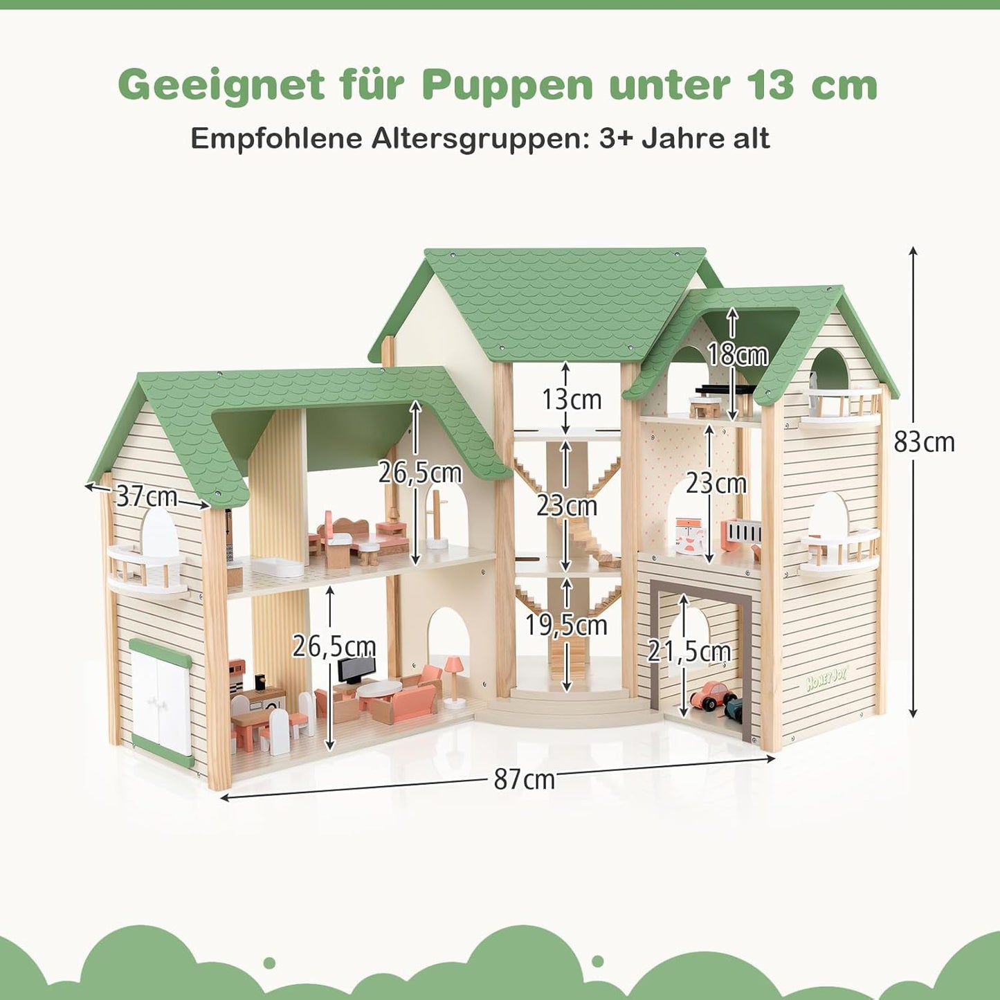 Montessori Puppenhaus aus Holz – Erweiterbare Spielvilla mit 3 Häusern & Möbeln