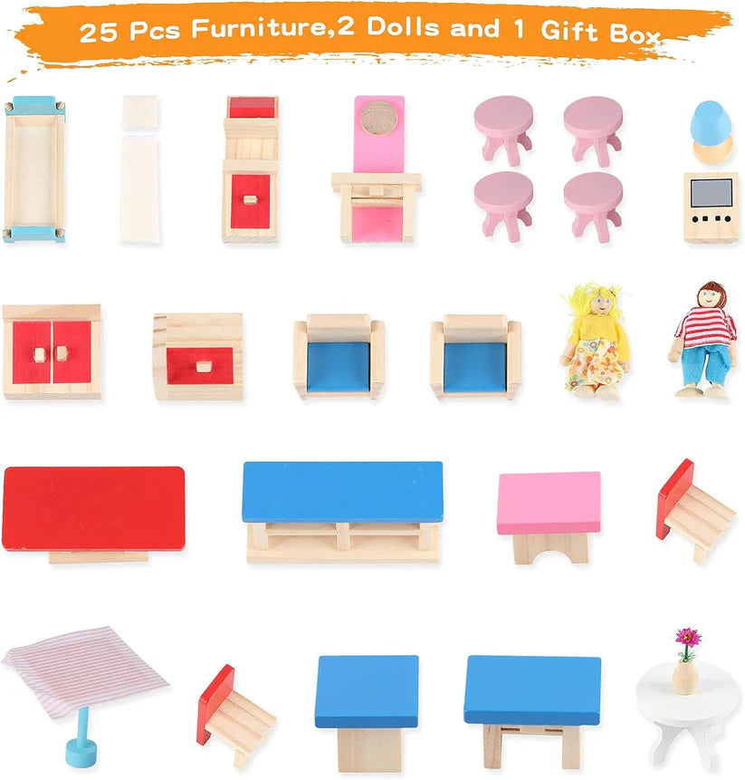 Maison de poupées Montessori en bois – maison de jeu ouverte avec meubles