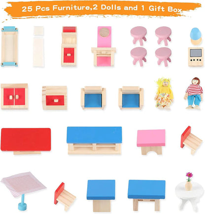 Maison de poupées Montessori en bois – maison de jeu ouverte avec meubles
