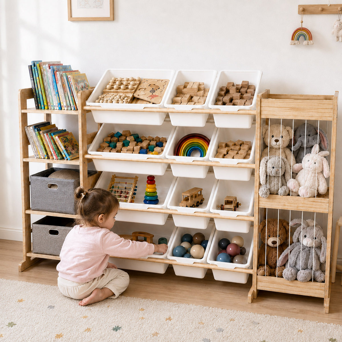 
Kinder Spielzeugregal aus Holz in Frontansicht mit 4 Ebenen und Aufbewahrungsboxen